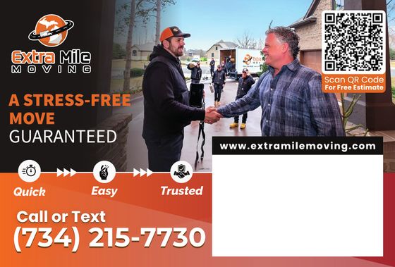An approved Extra Mile Moving postcard example with a blank recipient area