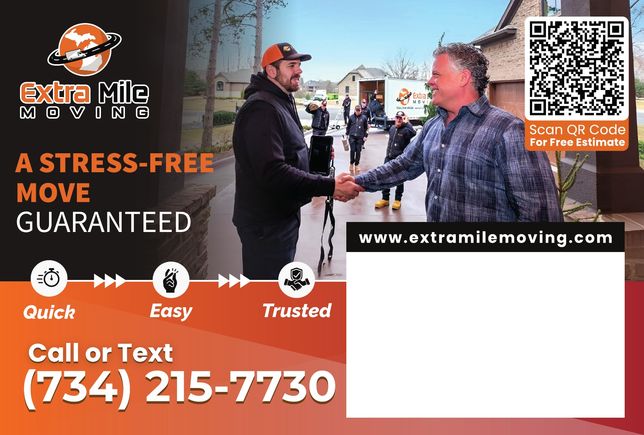 The back of a prior Extra Mile Moving postcard with company details and blank recipient space