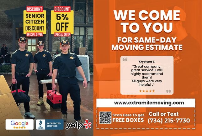 The front of a prior Extra Mile Moving postcard showing their team and service introduction