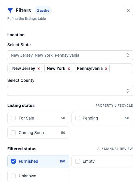 The filter panel with synthetic state selections, property status, and furnishing classification