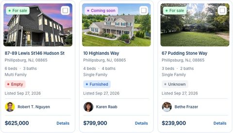 Teddy Bear Moving’s live Cards view with house photos, property details, and realtor portraits