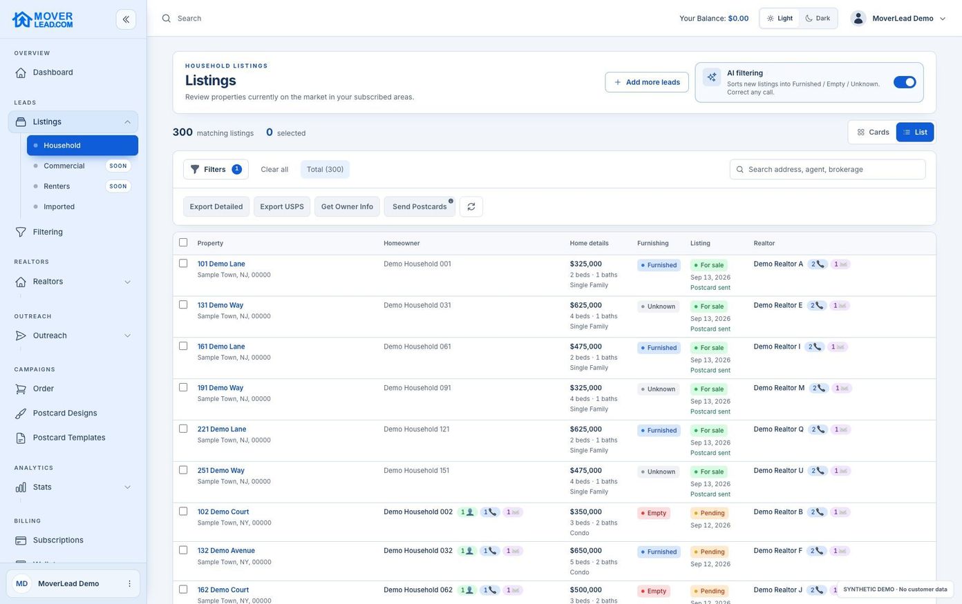 The full listings interface with synthetic property records, filters, and the outreach menu