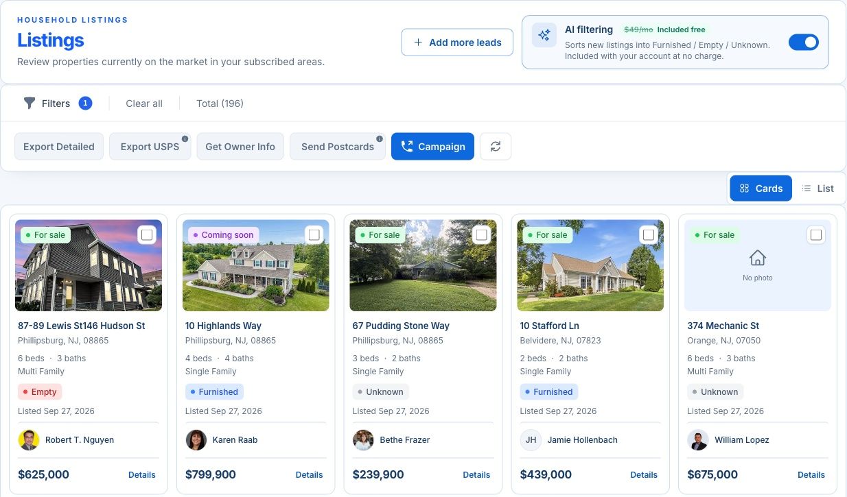 Teddy Bear Moving’s production listings in Cards view, with house photos, realtor portraits, filters, and the Cards and List controls