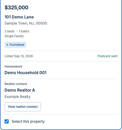 A household property card with synthetic home details, listing status and furnishing classification